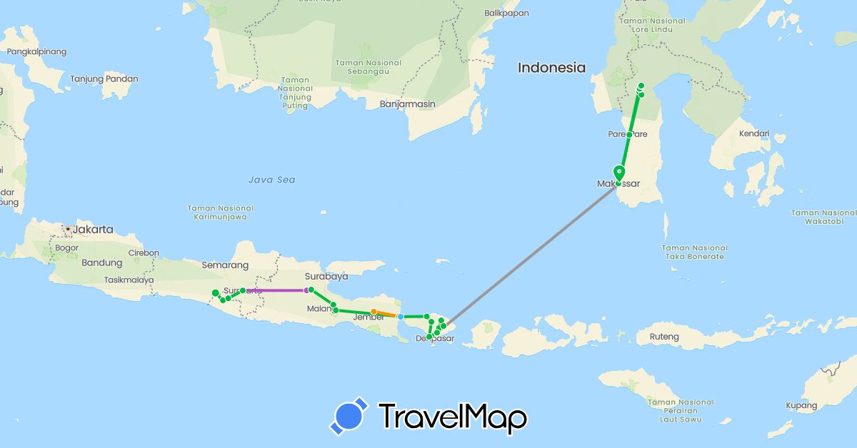 TravelMap itinerary: driving, bus, plane, train, boat, hitchhiking in Indonesia (Asia)